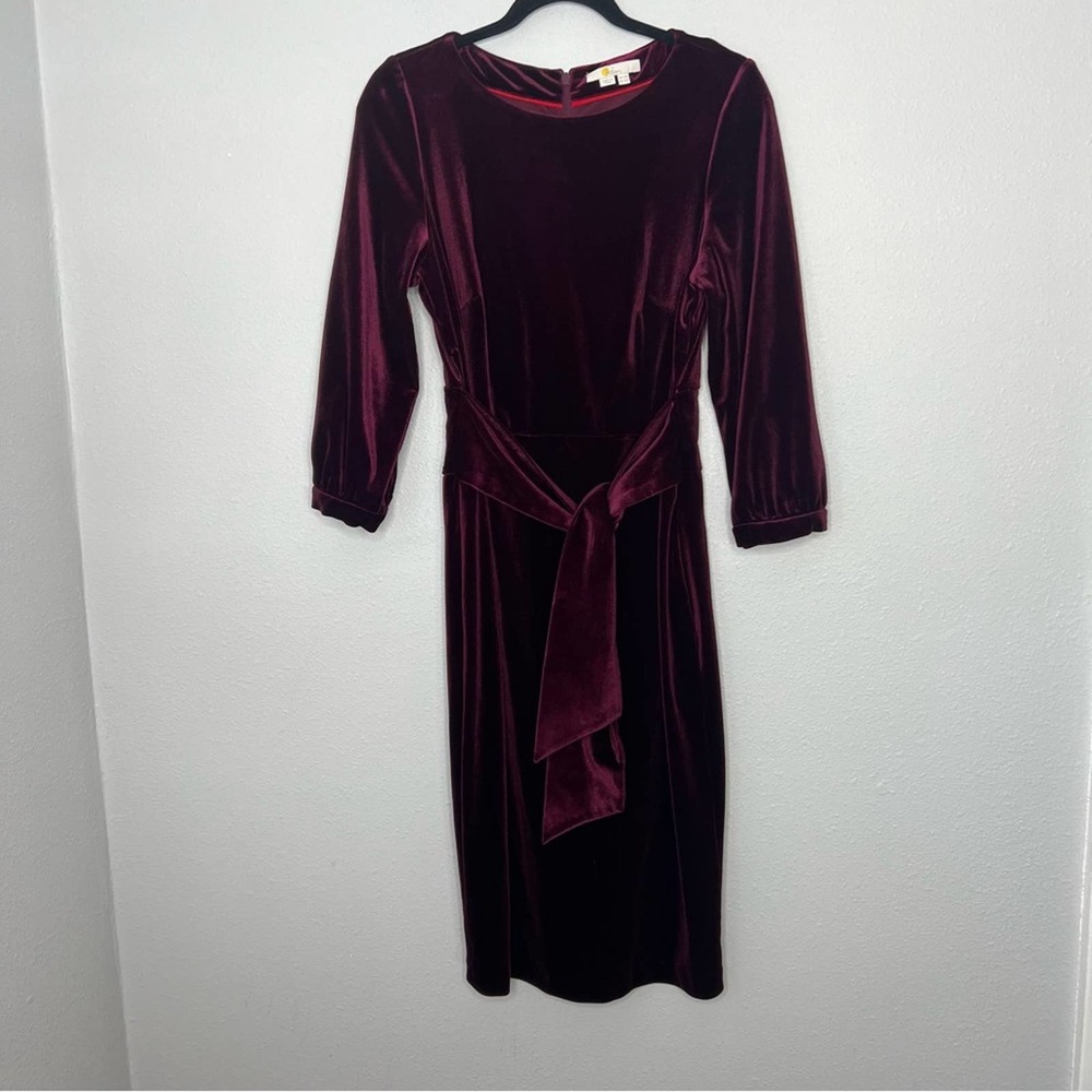 Boden Burgundy Red Velvet 3/4 Sleeve Knee Length Sheath Dress Women's size 10